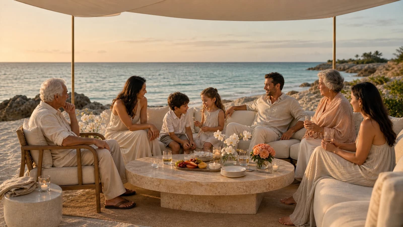 A multigenerational family relaxing together in a shaded ivory lounge beside the ocean