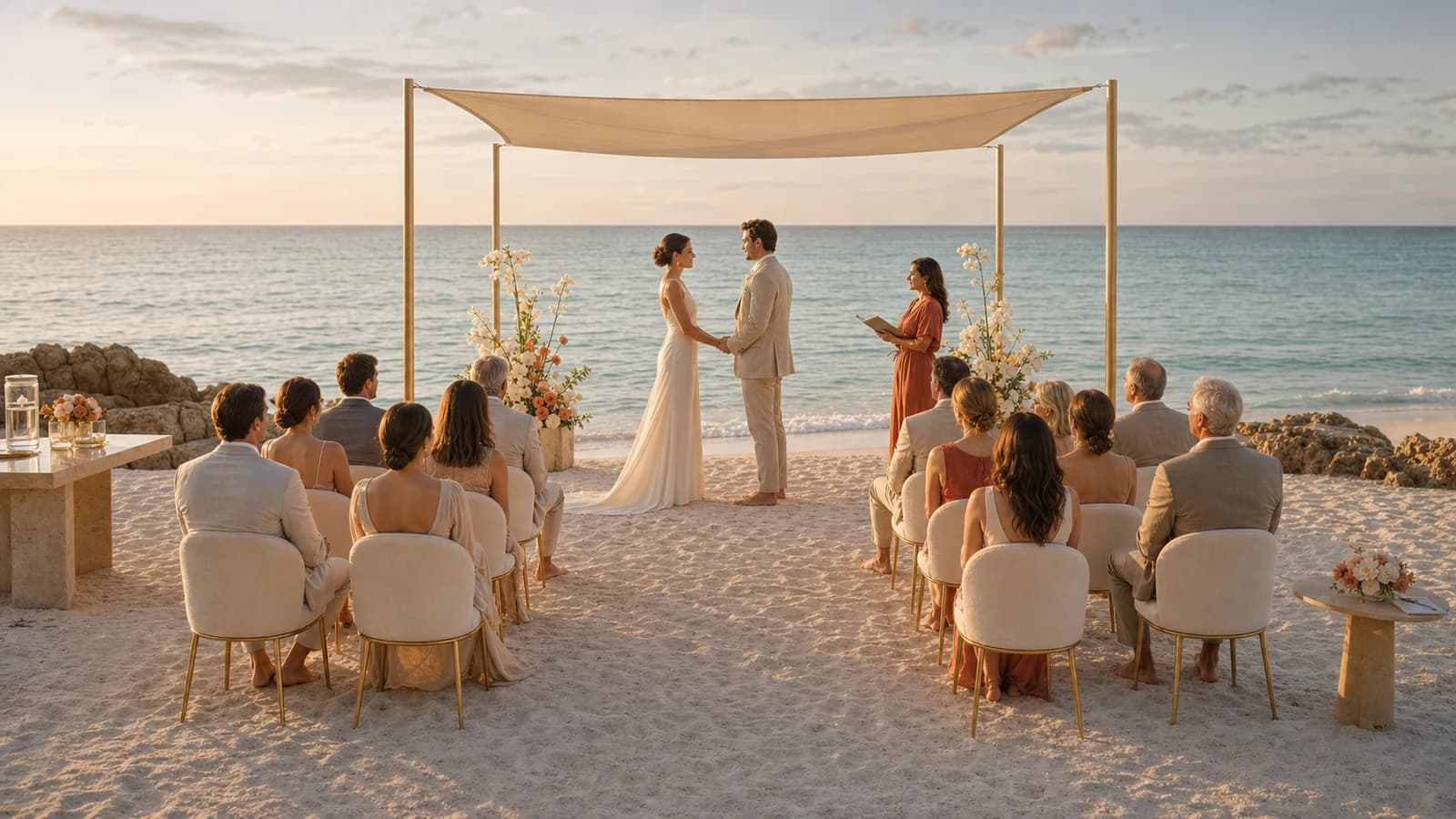 An intimate beach wedding ceremony with twelve seated guests beneath an ivory sailcloth canopy