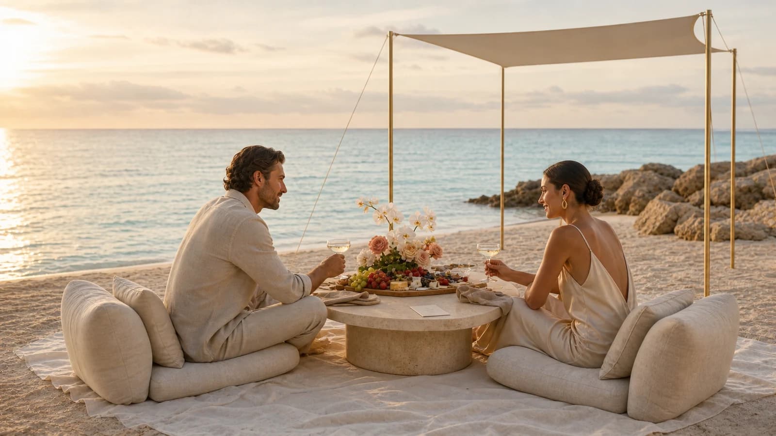 A couple seated on floor cushions at a low travertine picnic table beside the ocean