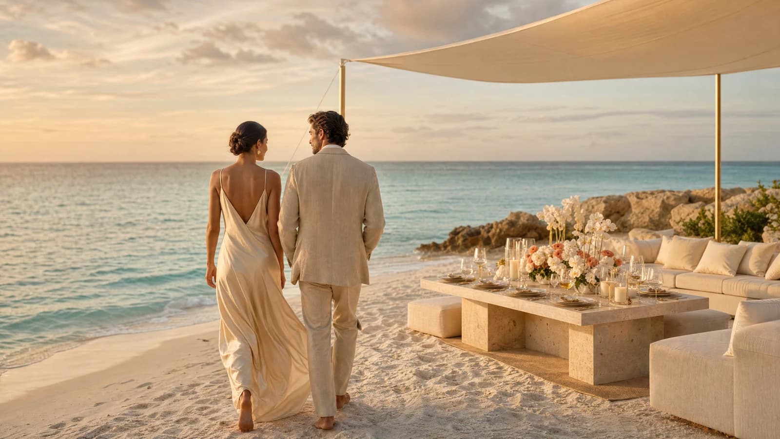 The same shoreline prepared with a sailcloth canopy, travertine dining table and ivory lounge