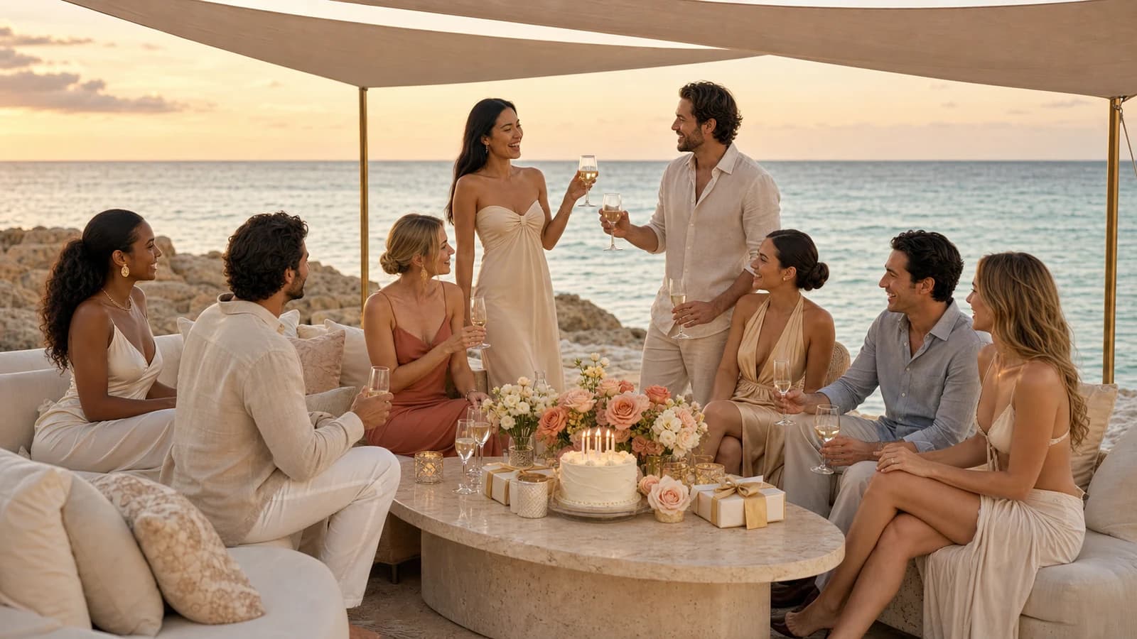 Eight friends celebrating around a shaded coastal lounge with a cake, flowers and gifts