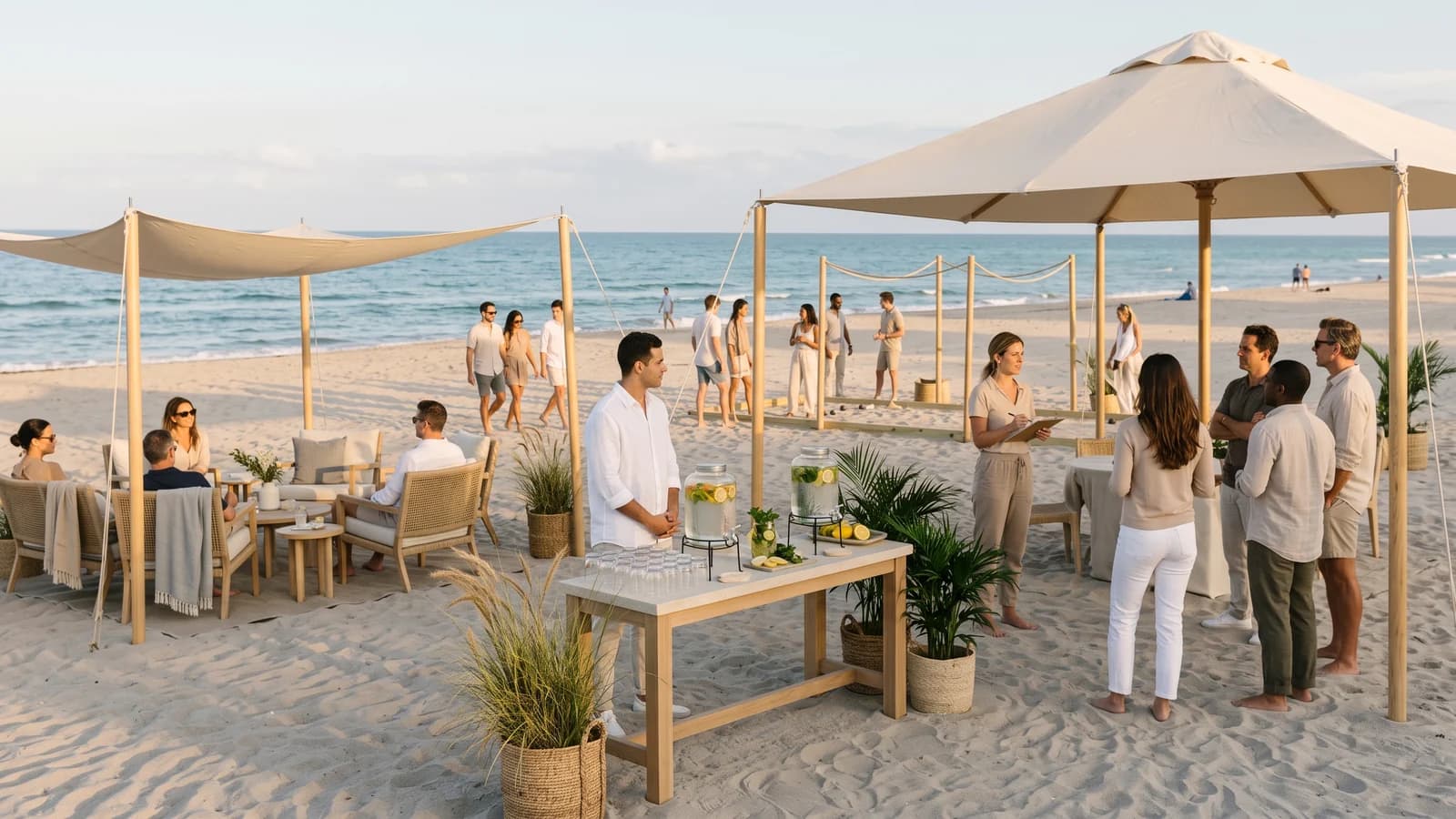 A corporate beach day with shade, seating and activity areas