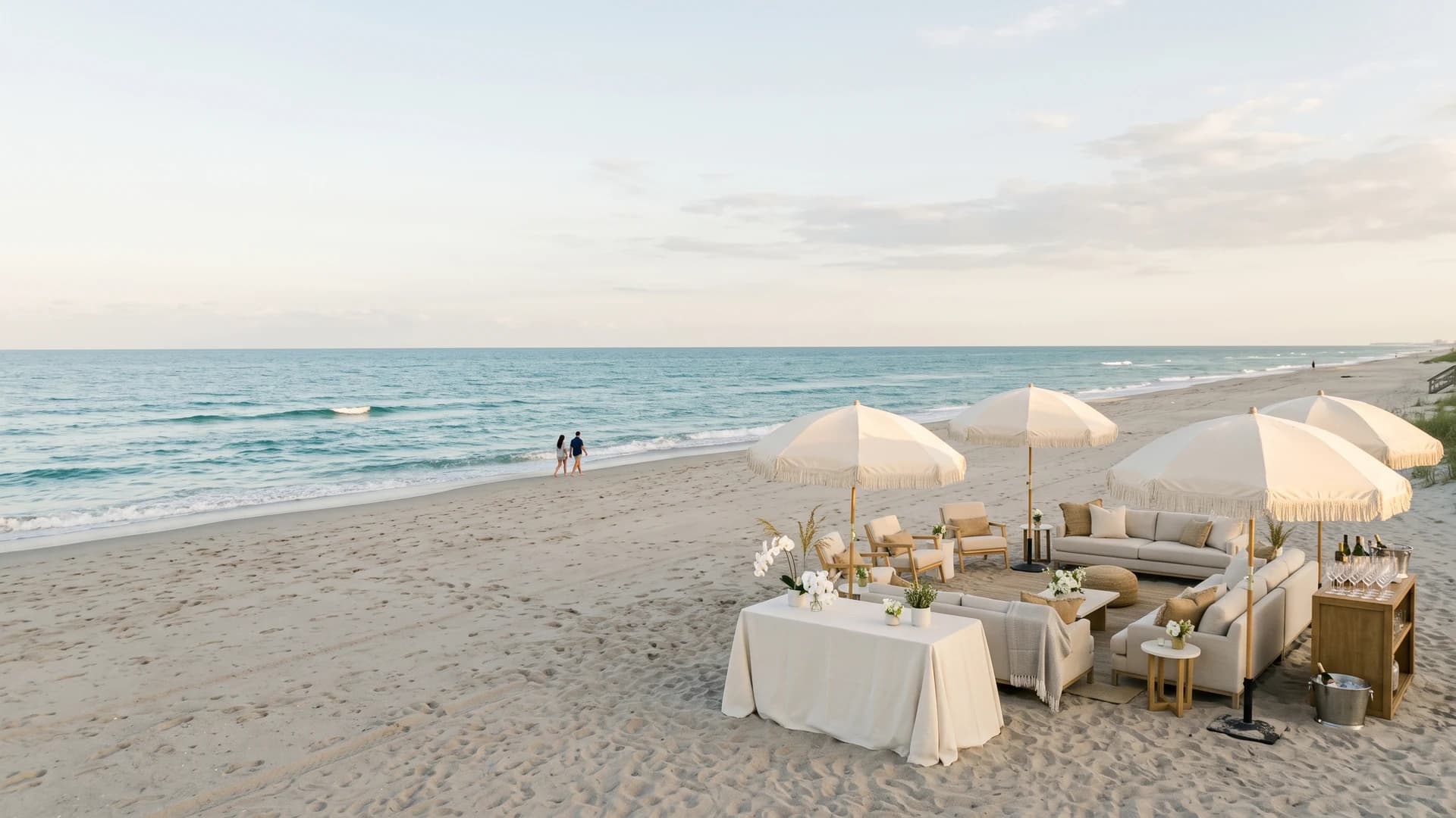 An ivory beach hospitality lounge with shaded seating and a service station beside the ocean