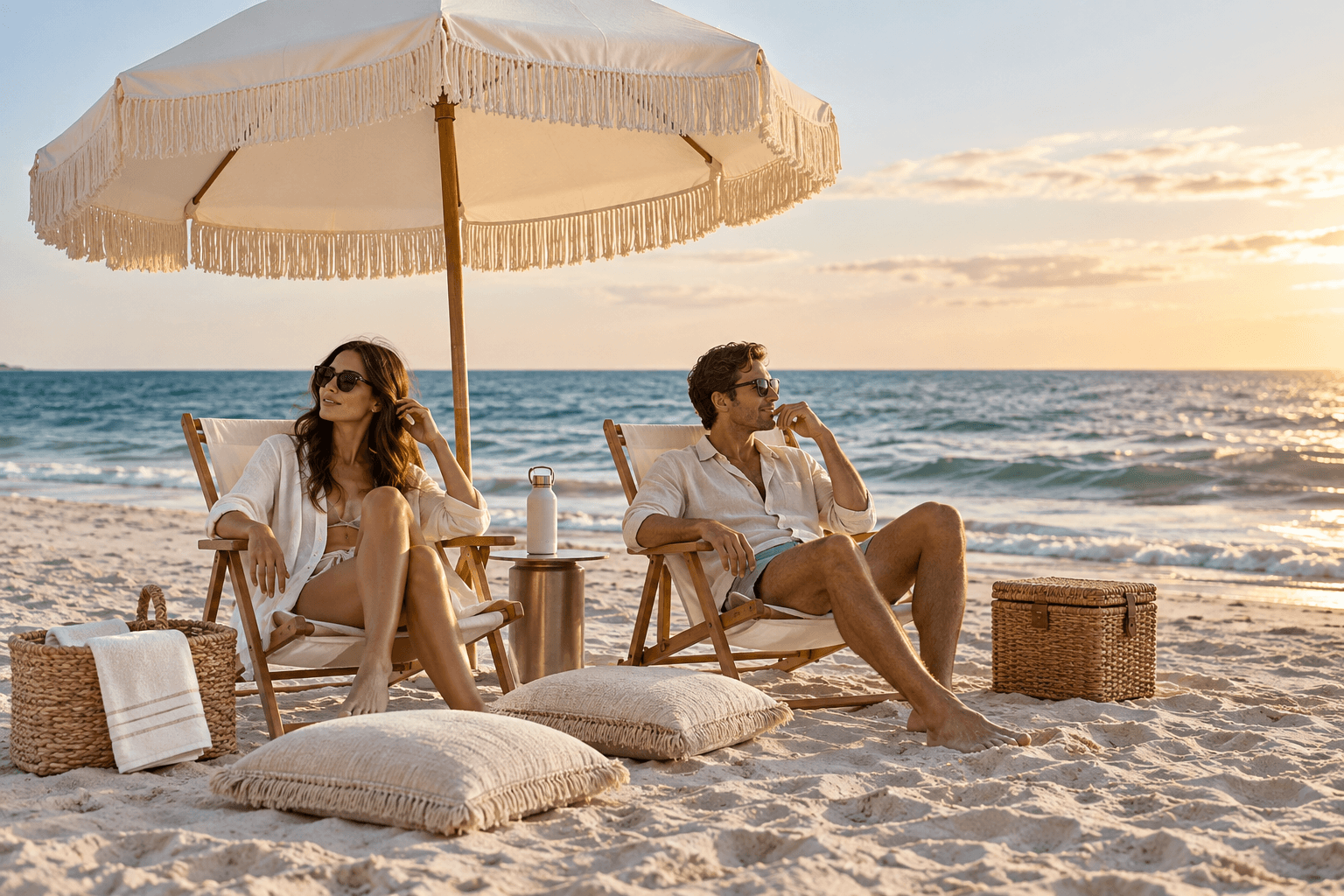 Two guests relaxing beneath a portable fringed umbrella with folding chairs, cushions and a cooler