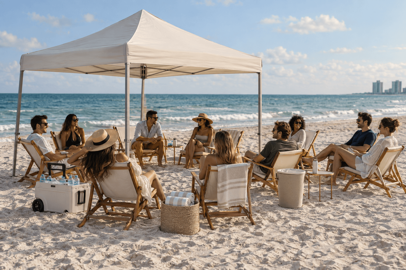 Ten friends seated in folding beach chairs around a simple portable canopy with water and towels