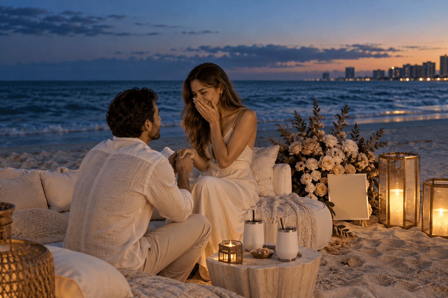 A couple sharing an intimate beach proposal beside a compact ivory setting with flowers and LED lanterns