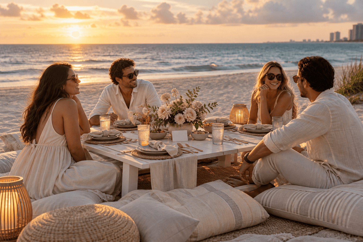 Four guests gathered around a coordinated low picnic table beside the ocean at golden hour