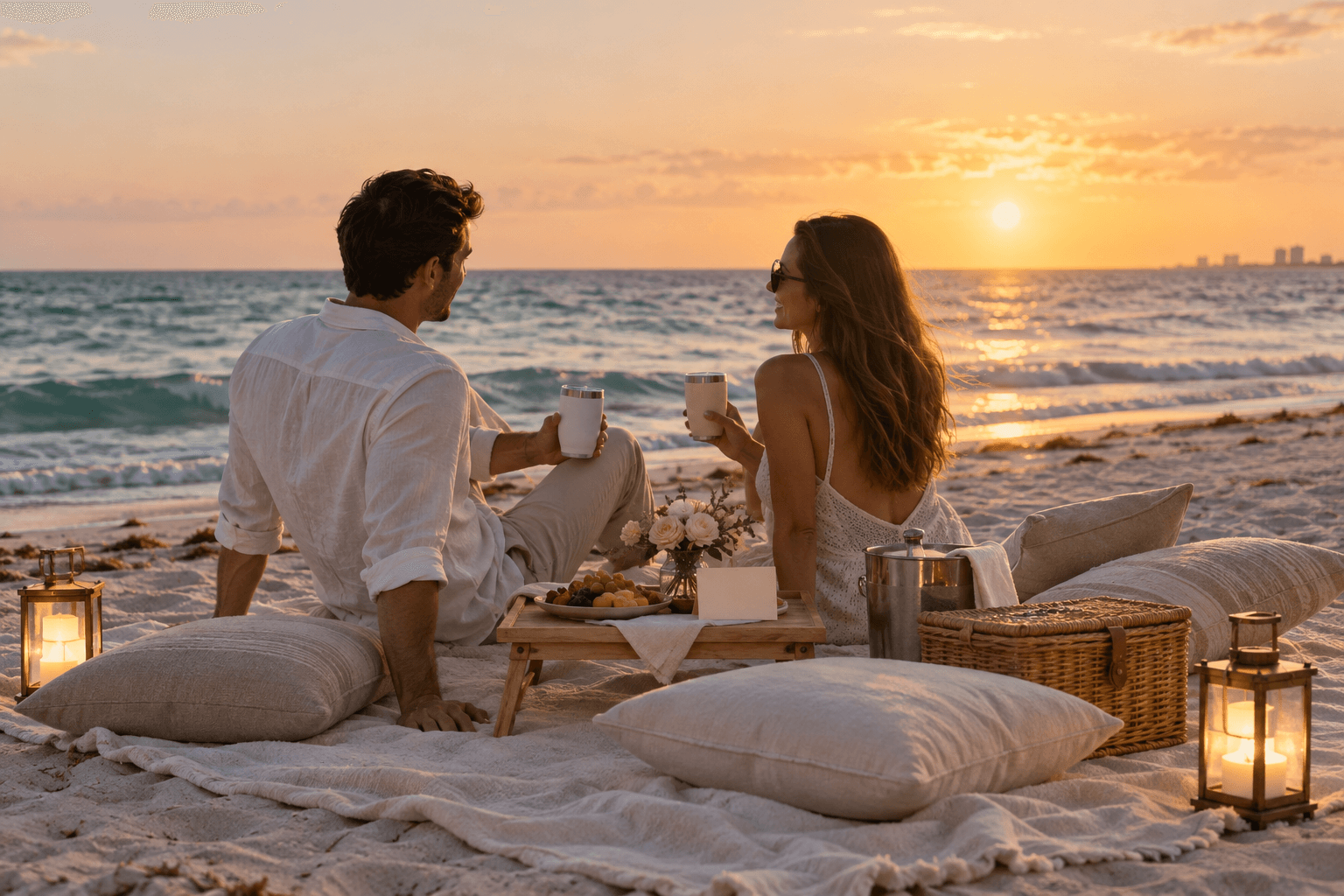 A couple sharing fruit and nonalcoholic drinks on an ivory sunset picnic setting for two
