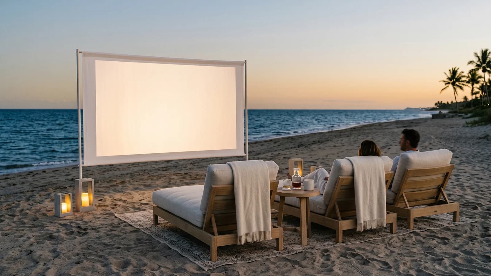 An outdoor cinema lounge beside the ocean at twilight